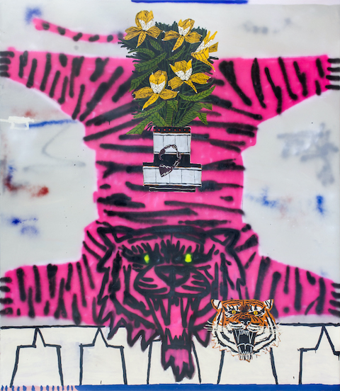 Jordy Kerwick, <em>No Harm, Pink’s a Charm</em>, 2020, oil, acrylic, spray and charcoal on canvas, 230.0 x 200.0 cm