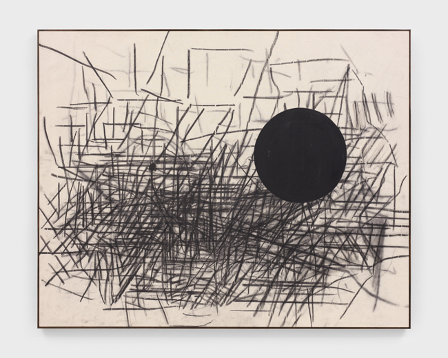 Anthony Miler, <em>Not Titled</em>, 2020-2021, graphite on raw canvas with walnut frame, 134.6 x 166.4 cm