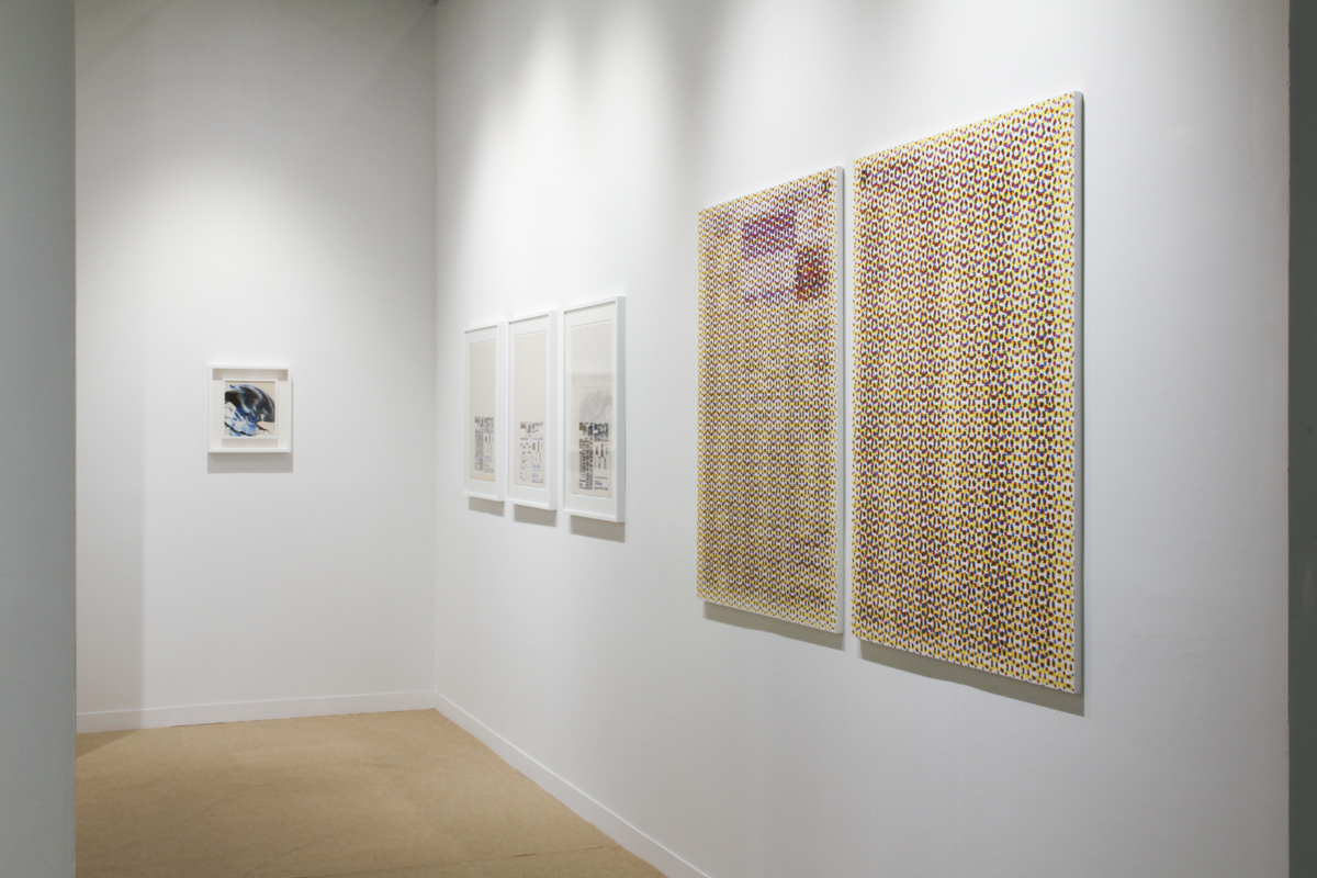 Installation view, artwork, left to right: Kazuo Shiraga; Mungo Thomson