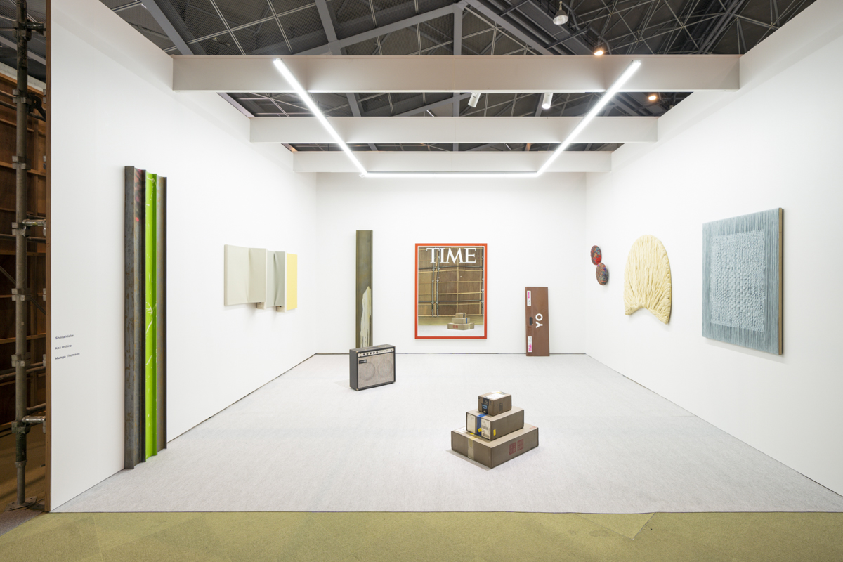 Installation view, artwork, left to right: Kaz Oshiro; Mungo Thomson; Sheila Hicks