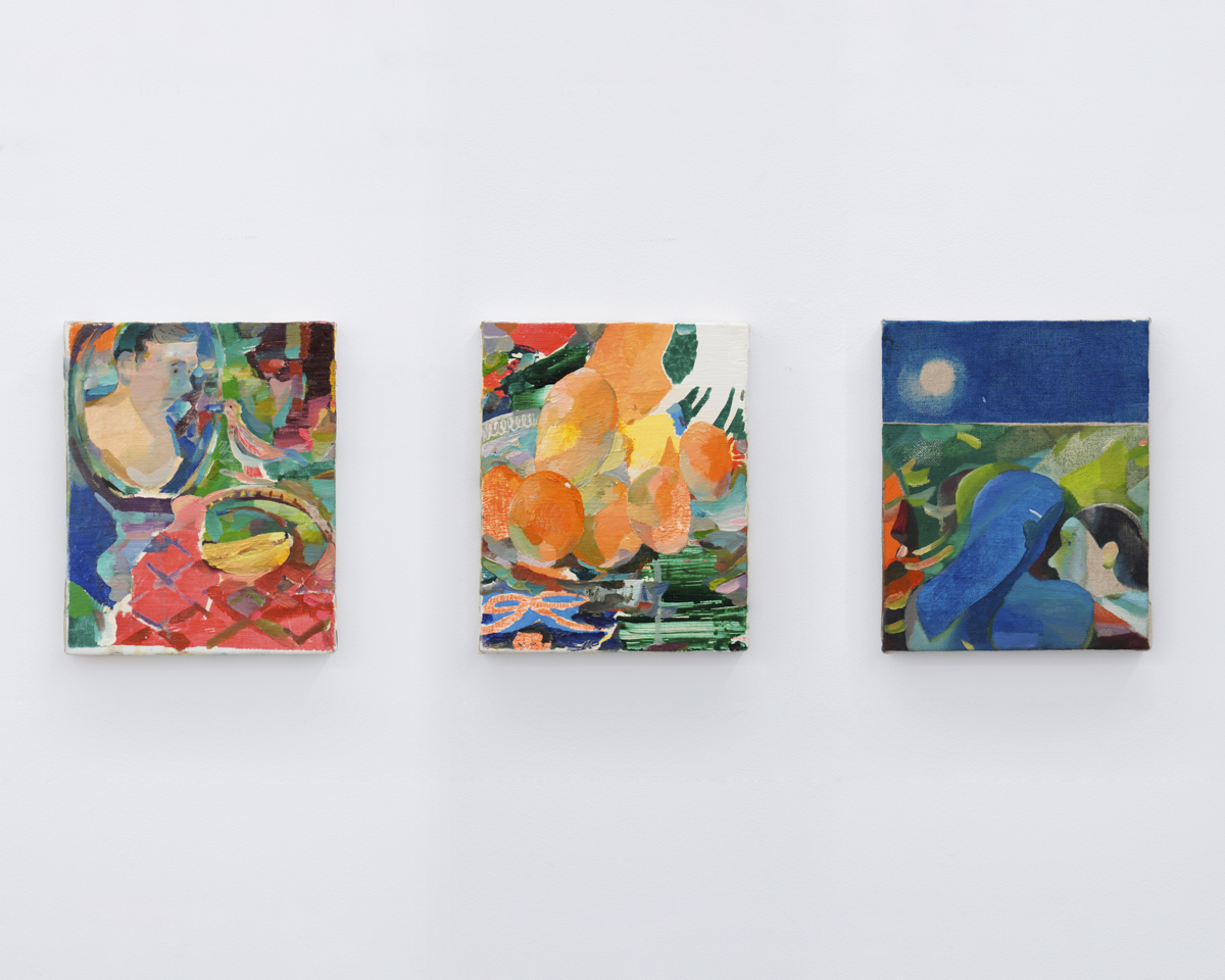 Left: Ayumu Yamamoto, <em>bag and mirror</em>, 2021, oil and acrylic on canvas, 27.3 x 22.0 cm<br> Center: Ayumu Yamamoto, <em>donuts</em>, 2021, oil and acrylic on canvas, 27.3 x 22.0 cm<br> Right: Ayumu Yamamoto, <em>moon</em>, 2021, oil and acrylic on canvas, 27.3 x 22.0 cm<br>